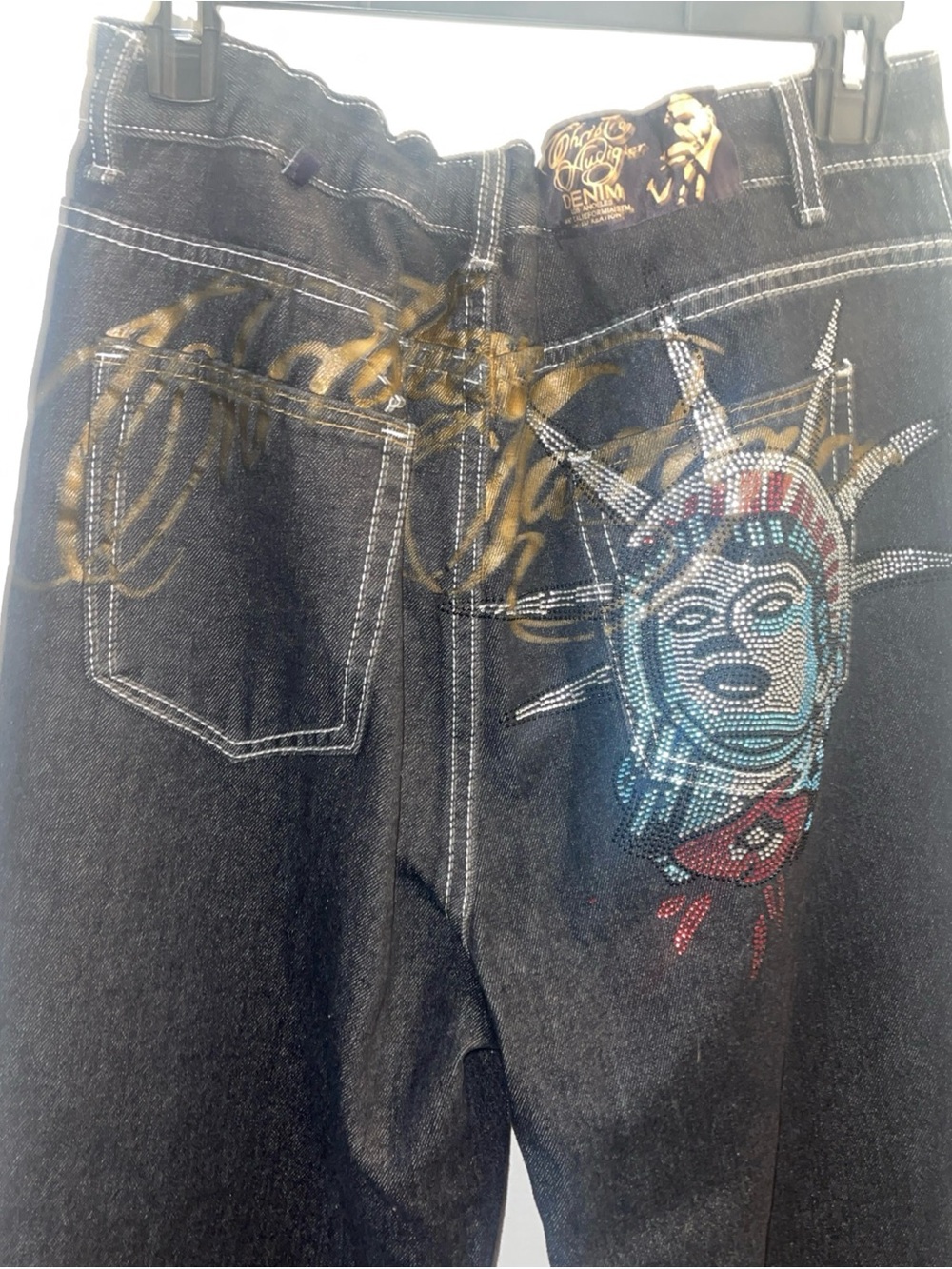 Ed Hardy Black Straight-Leg Jeans with Gem Statue of Liberty and Gold Script